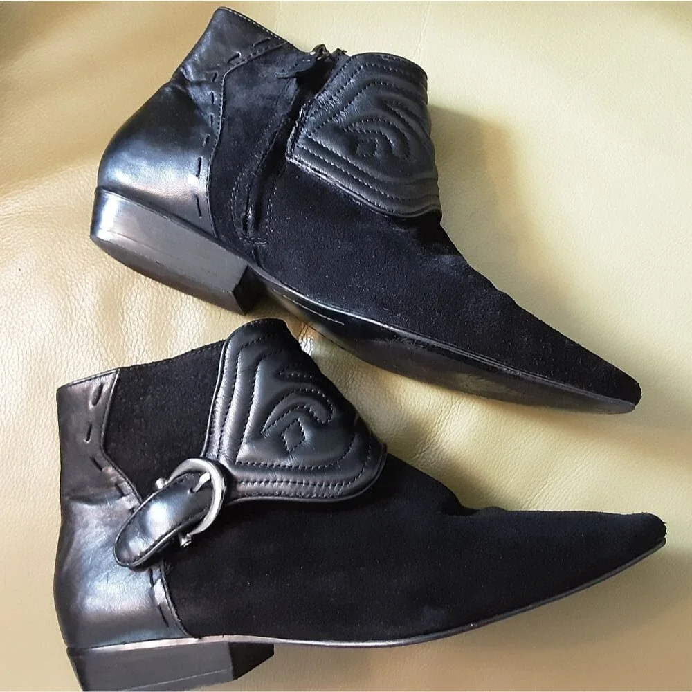 ZARA Women Black Suede Quilted Leather Ankle Boots Sz 8 (39)